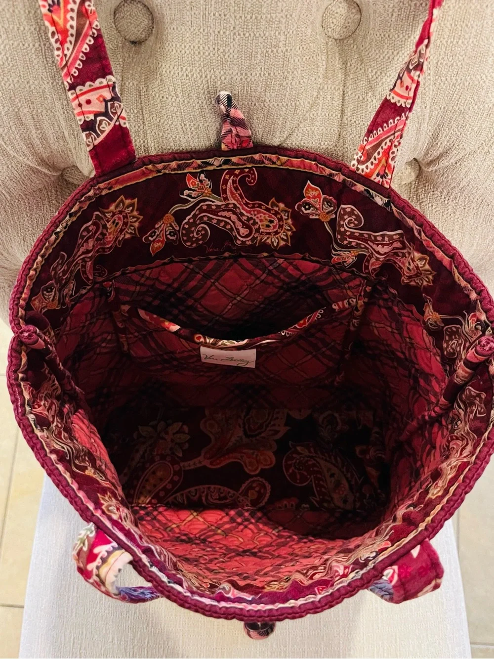 Vera Bradley Burgundy Paisley Quilted Tote with Floral Accents